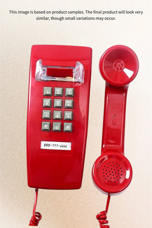 Bright red vintage landline telephone with the handset off the hook, showing a numeric keypad and coiled cord against a light background
