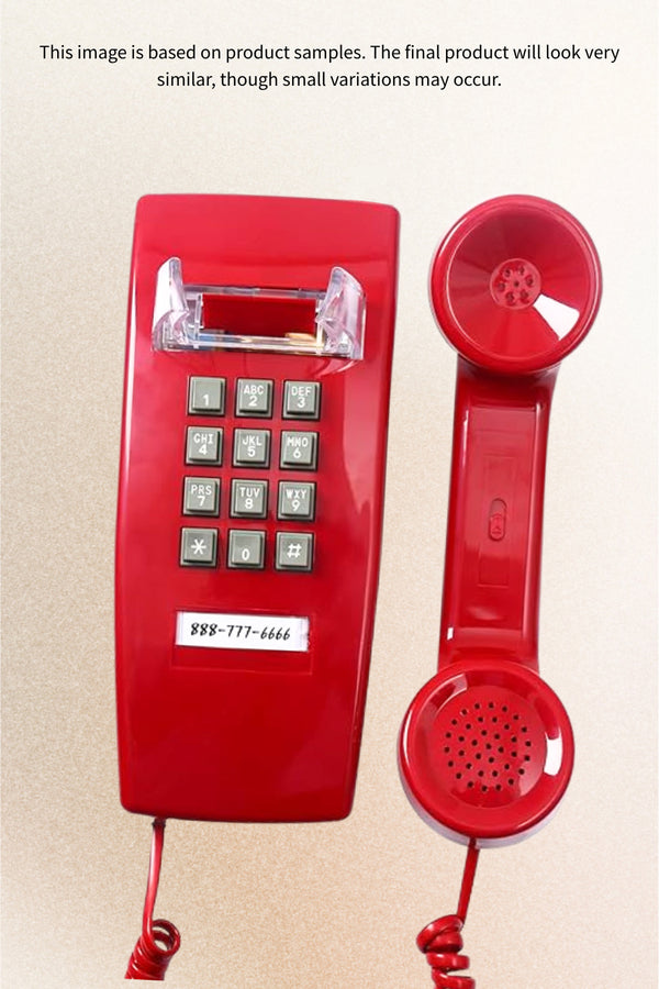 Bright red vintage landline telephone with the handset off the hook, showing a numeric keypad and coiled cord against a light background