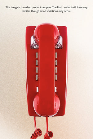 Front view of a bright red vintage landline telephone with a coiled cord and push-button keypad, mounted vertically on a neutral background.