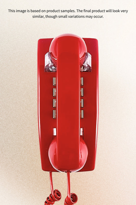 Front view of a bright red vintage landline telephone with a coiled cord and push-button keypad, mounted vertically on a neutral background.